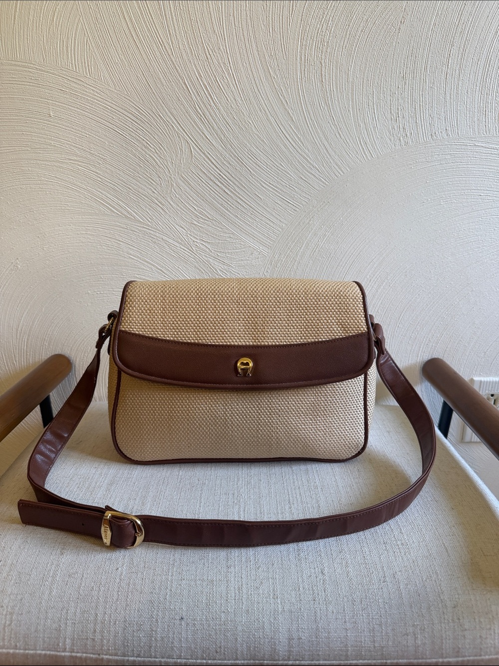 Etienne Aigner Beige and Brown Crossbody Bag with Gold Accent